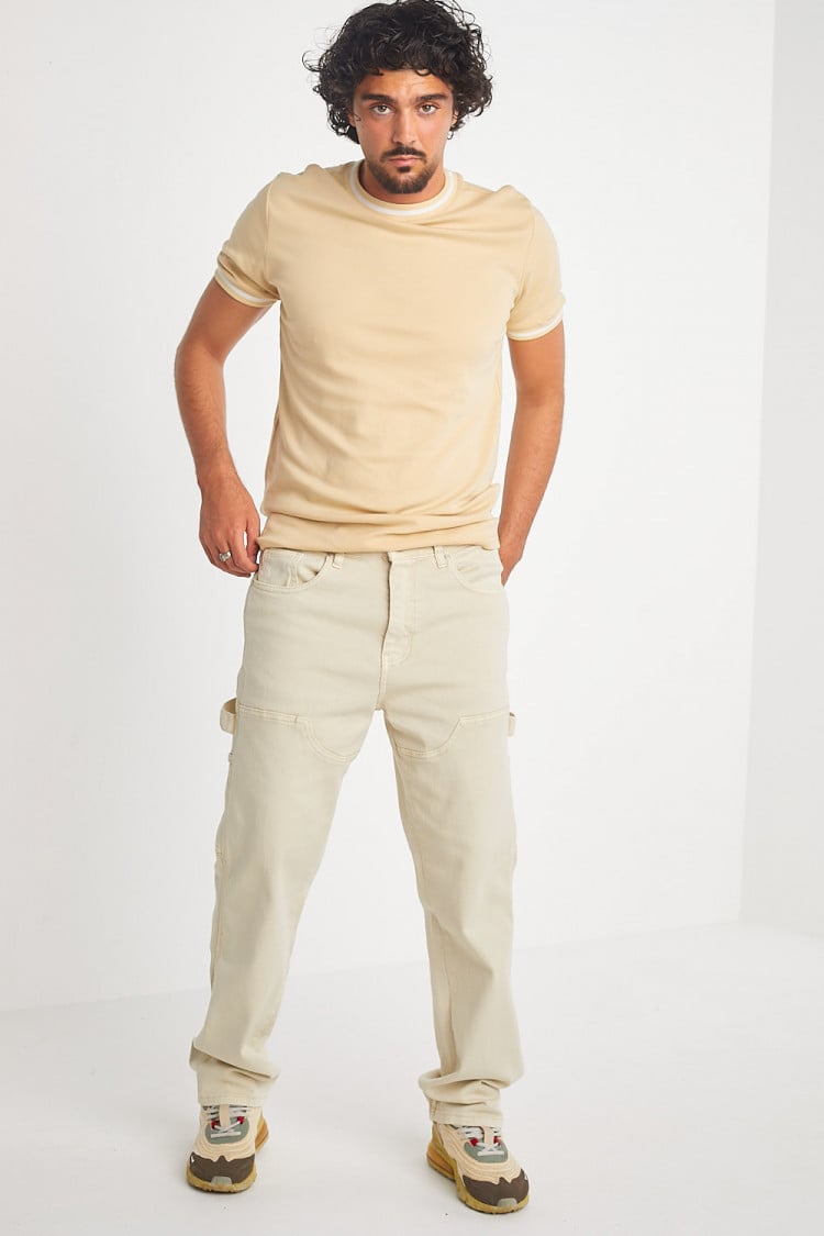 jeans coupe droite beige à empiècements