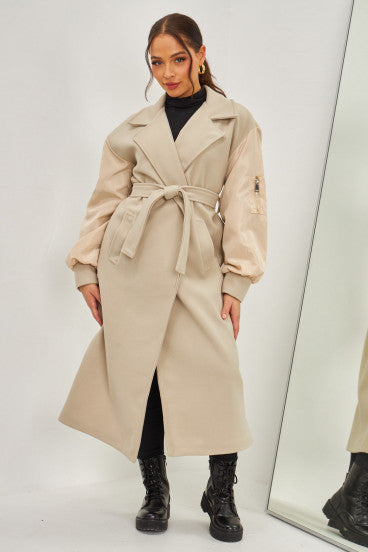 Manteau duveteux style trench bi-matière beige