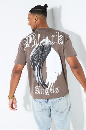 T-shirt taupe "black angels" avec plumes