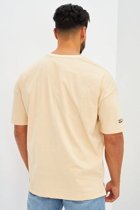 T-shirt uni beige brodé manche