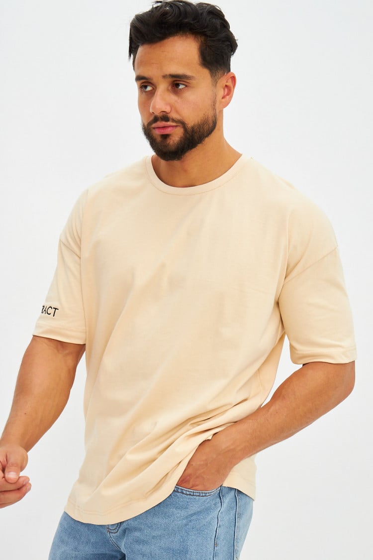 T-shirt uni beige brodé manche