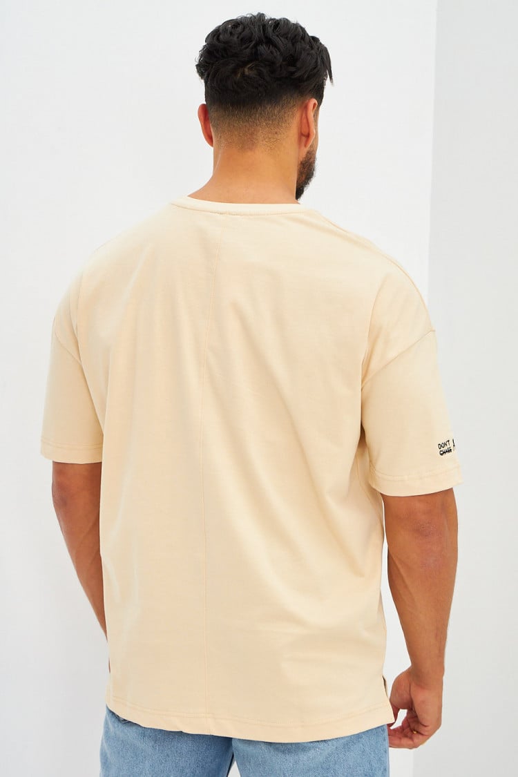 T-shirt uni beige brodé manche