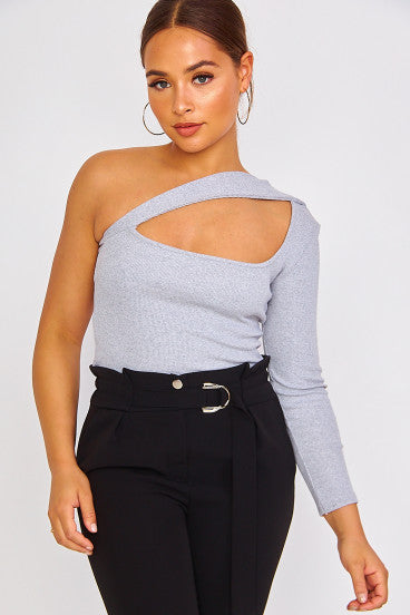 Top gris one shoulder ajouré sur la poitrine