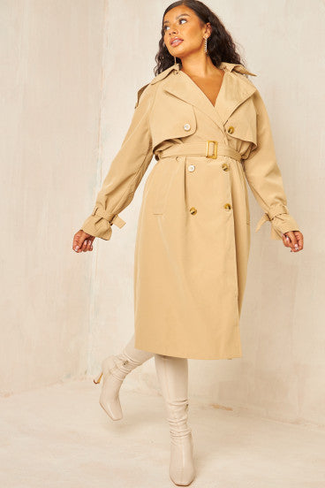 Trench à capuche long beige ceinturé