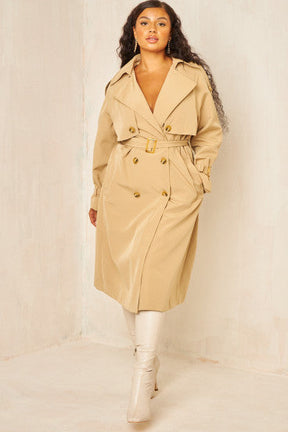 Trench à capuche long beige ceinturé