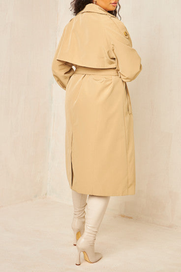 Trench à capuche long beige ceinturé