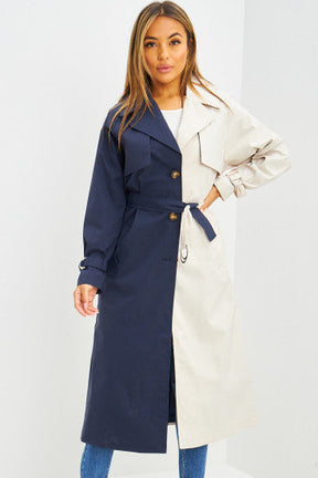 Trench long bicolore beige et bleu marine