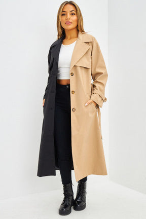 Trench long bicolore noir et beige foncé