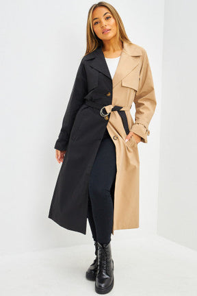 Trench long bicolore noir et beige foncé