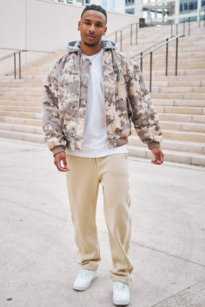 Veste bi-matière à capuche camouflage beige