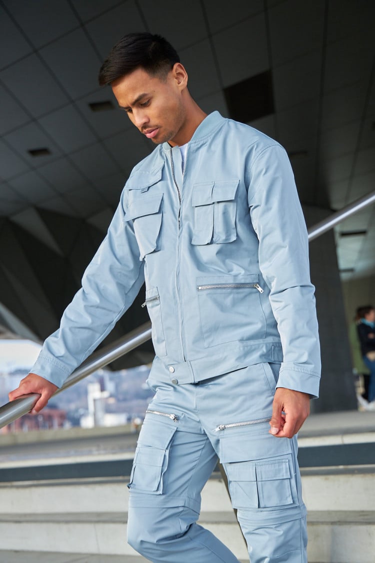 Veste col bomber à poches multiples bleu clair