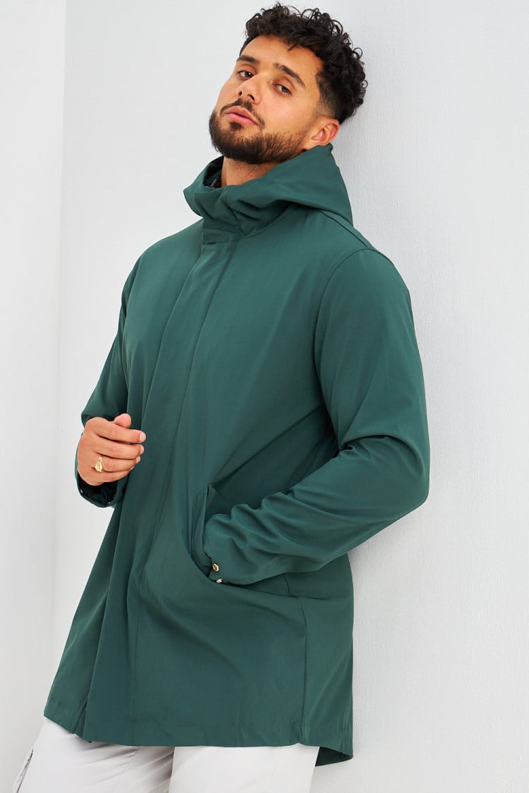 Veste mi-longue verte à capuche